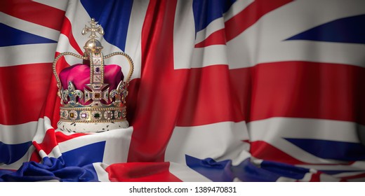 Royal Golden Crown With Jewels On British  Flag. Symbols Of UK United Kingdom. 3d Illustration