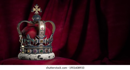 Royal Golden Crown With Jewels On Pillow On Pink Red Background. Symbols Of UK United Kingdom Monarchy. 3d Illustration