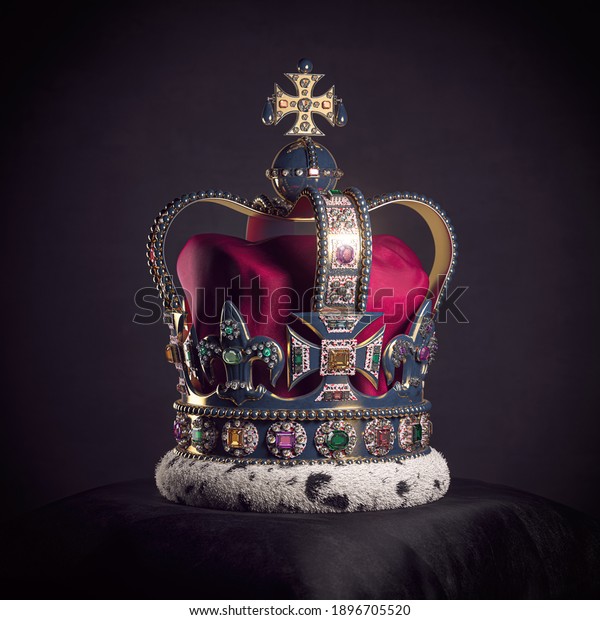 Royal golden\
crown with jewels on pillow on black background. Symbols of UK\
United Kingdom monarchy. 3d\
illustration