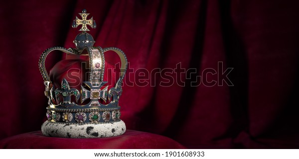 Royal\
golden crown with jewels on pillow on pink red background. Symbols\
of UK United Kingdom monarchy. 3d\
illustration