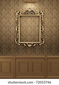 Royal Golden Frame On The Wall In Wooden Interior. Gallery