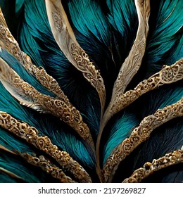 Royal Green Gold Peacock Feather Pattern Close Up