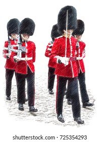 Royal Guard. London. Soldiers In Classic Red Coats.