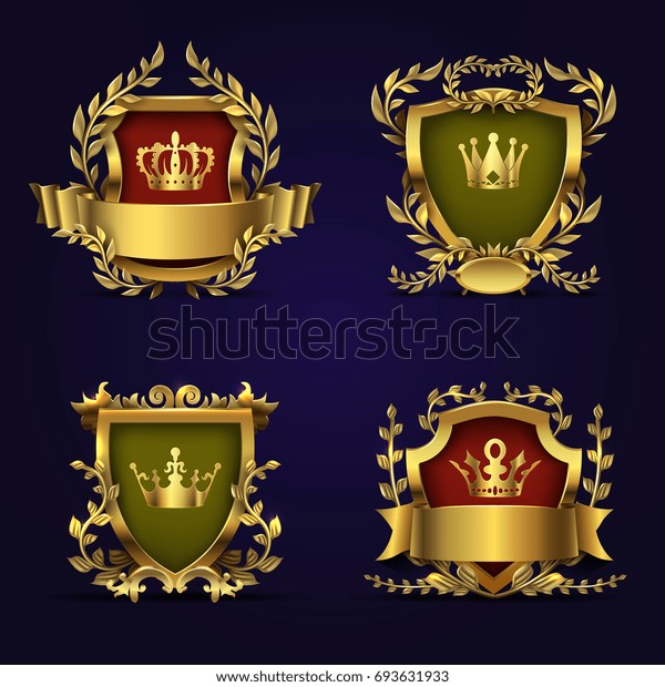 金の冠 盾 月桂冠を持つビクトリア朝風の紋章 王室の金色の賞の王冠と盾のイラスト のイラスト素材