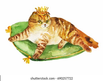 Royal King Cat With Crown Sitting On Luxury Cushion