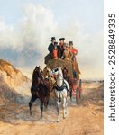 The Royal Mail Coach on the Road (1841) painting in high resolution by John Frederick Herring.  Vintage horse art drawing, old illustration of horse, horse art print.