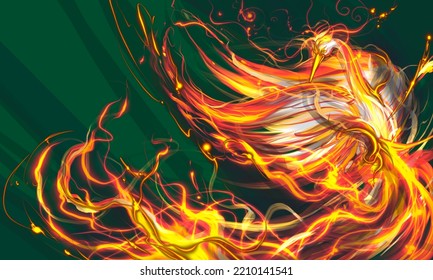 Royal Phoenix Bird Reborn Abstract On Green Background With Fire