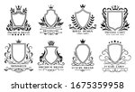 Royal shields badges. Vintage ornamental frames, decorative royal swirl heraldic borders and luxury filigree wedding emblems. Knights shield heraldic decoration isolated  icons set