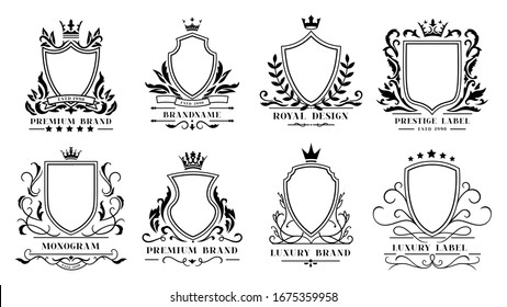 Royal Shields Badges. Vintage Ornamental Frames, Decorative Royal Swirl Heraldic Borders And Luxury Filigree Wedding Emblems. Knights Shield Heraldic Decoration Isolated  Icons Set