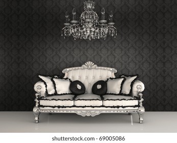 Royal Sofa With Pillows And Chandelier In Luxurious Interior With Ornament Wallpapers