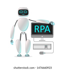 RPA. The Robot Is Working. Cute Robot Helps People To Perform Different Tasks. Artificial Intelligence. Chat Bot