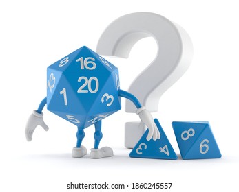 RPG dice character looking at question mark symbol isolated on white background. 3d illustration
