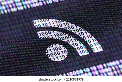 RSS Icon On Binary Code ( Array Of Bits ). 3D Illustration.