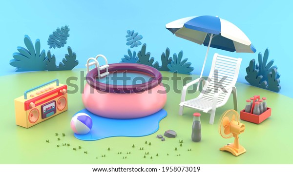 The rubber pool is surrounded by outdoor chairs, radio, fans and soft drinks. In the summer lawn.-3d rendering. 