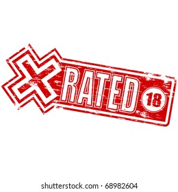 Rubber stamp illustration showing "X RATED" text and 18 symbol