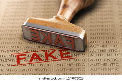 Rubber stamp and word fake printed on a paper background with the repeated text authentic. Concept of counterfeit or plagiarism. 3D illustration.