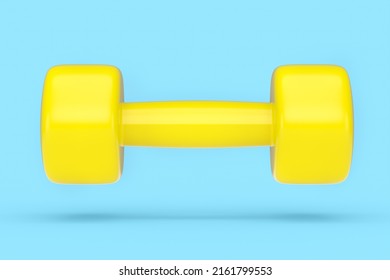 Rubber Yellow Dumbbell Isolated On Blue Background. 3d Rendering Of Sport Equipment For Fitness And Powerlifting