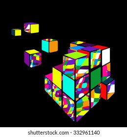 Rubik Cube 3D With Black Background. Illustration. 