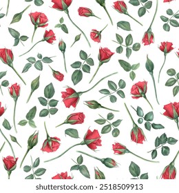 Ruby flowers and green leaves on stems. Red roses. Seamless pattern. Blooming summer garden flower with buds. Watercolor illustration. For wedding, memorial day, mother day design - Powered by Shutterstock