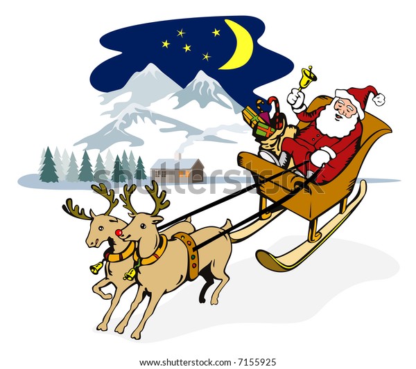 Rudolph Rednosed Reindeer Pulling Santas Sleigh Stock