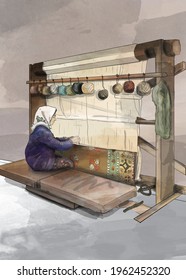 Rug Weave Loom, Carpet Weaver Turkish Woman, Illustration