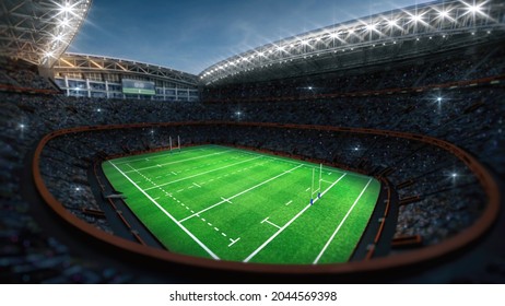 Rugby Professional Stadium With Goal Post, Grassy Playground And Fan Crowd On Background. View From Upper Tribune. Digital 3D Illustration For Sport Advertisement.