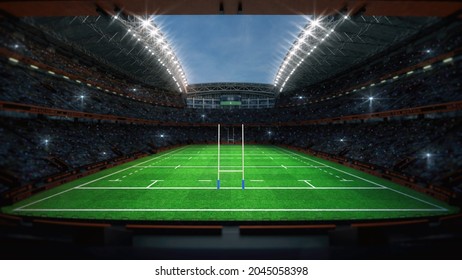 Rugby Professional Stadium With Goal Post, Grassy Playground And Fan Crowd On Background. View From The Tribune. Digital 3D Illustration For Sport Advertisement.