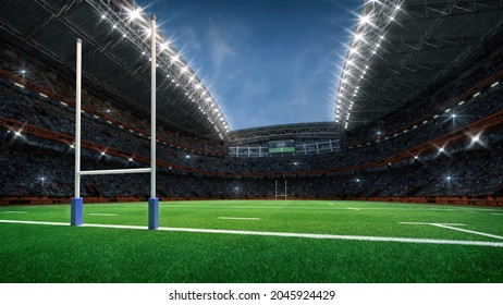 Rugby professional stadium with goal post, grassy playground and fan crowd on background. View from behind the goal. Digital 3D illustration for sport advertisement. - Powered by Shutterstock