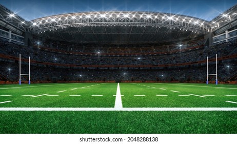 Rugby Professional Stadium With Goal Post, Grassy Playground And Fan Crowd On Background. Side View. Digital 3D Illustration For Sport Advertisement.	