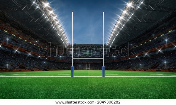 Rugby professional stadium with goal post,\
grassy playground and fan crowd on background. Goal view. Digital\
3D illustration for sport\
advertisement.