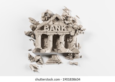 Ruined Bank On A White Background. The Concept Of The Collapse Of The Country's Economy, Crisis, Economic Sanctions, A Sign Of Bank Bankruptcy. 3d Rendering