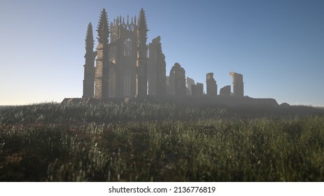 Ruined Cathedral In Misty Countryside. 3D Render.