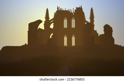 Ruined Cathedral In Misty Countryside. 3D Render.