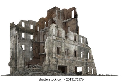 Ruined city building isolated white 3d illustration