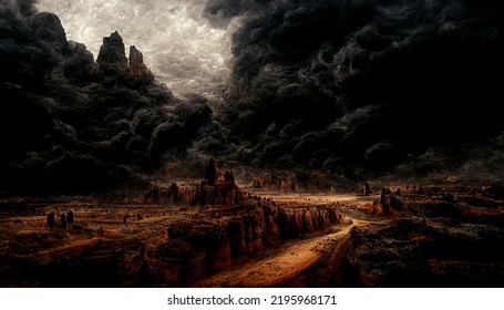 Ruined City In The Desert, Storm, Dark Fantasy, 3D, Illustration.
