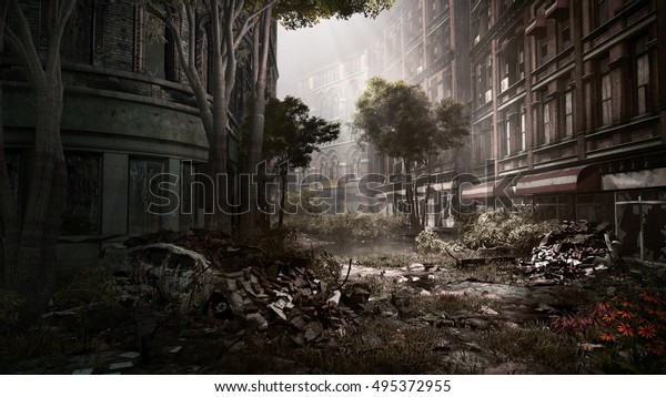 Ruined city street with destroyed car and\
trees. 3D\
illustration.
