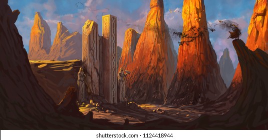 Ruined fortress in a rocky desert being overrun by a dangerous evil character - digital fantasy painting