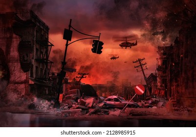 Ruined Ukrainian city. Russian forces surrounded Ukraine, firing missiles on cities, military targets. Military intervention, war crisis. The Russian troops invasion of Ukraine, danger for Europe, 3D