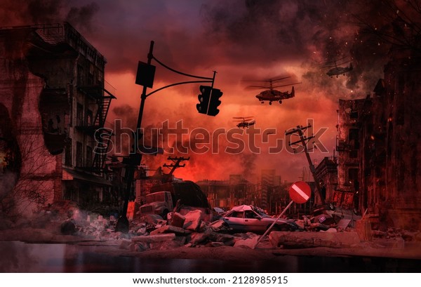 Ruined Ukrainian city. Russian forces surrounded\
Ukraine, firing missiles on cities, military targets. Military\
intervention, war crisis. The Russian troops invasion of Ukraine,\
danger for Europe,\
3D