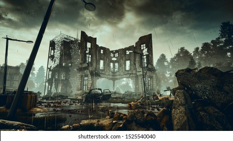 Ruins of a city. Apocalyptic landscape 3d render , 3d illustration concept