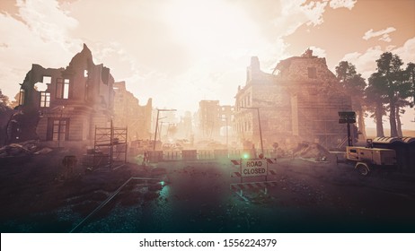 Ruins Of A City. Apocalyptic Landscape Post Apocalypse 3d Render