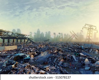 Ruins of a city. Apocalyptic landscape.3d illustration concept