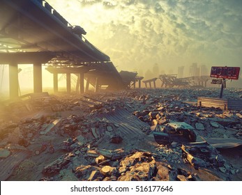 Ruins of a city. Apocalyptic landscape.3d illustration concept