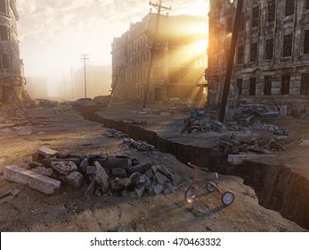 ruins of a city with a crack in the street. 3d illustration concept