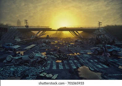 Ruins of a city highway. Apocalyptic landscape.3d illustration concept