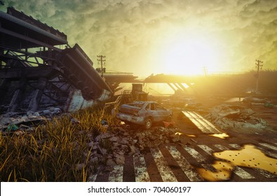 Ruins of a city highway. Apocalyptic landscape.3d illustration concept