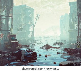 Ruins of the flooding city. Apocalyptic landscape.3d illustration concept