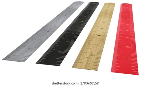 Rulers set. Wood, plastic and steel. 10 inch/26cm. Perspective. 3D Render. 