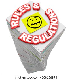 Rules and Regulations words in red 3d letters on a stack of paperwork, guidelines, codes, laws and standards you must follow in your business or finances