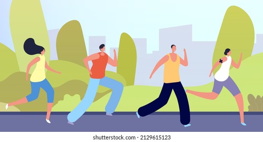 Run in park. Active people crowd, flat man woman running on nature. Outdoor sport exercise, young friends morning jogging illustration - Powered by Shutterstock